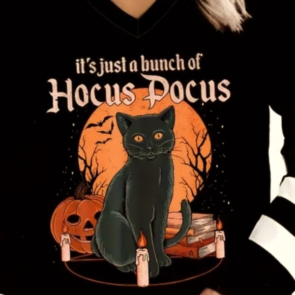 🐈‍⬛ Hocus Pocus Cat Print Long Sleeve Striped V Neck T-Shirt - Picture 4 of 10